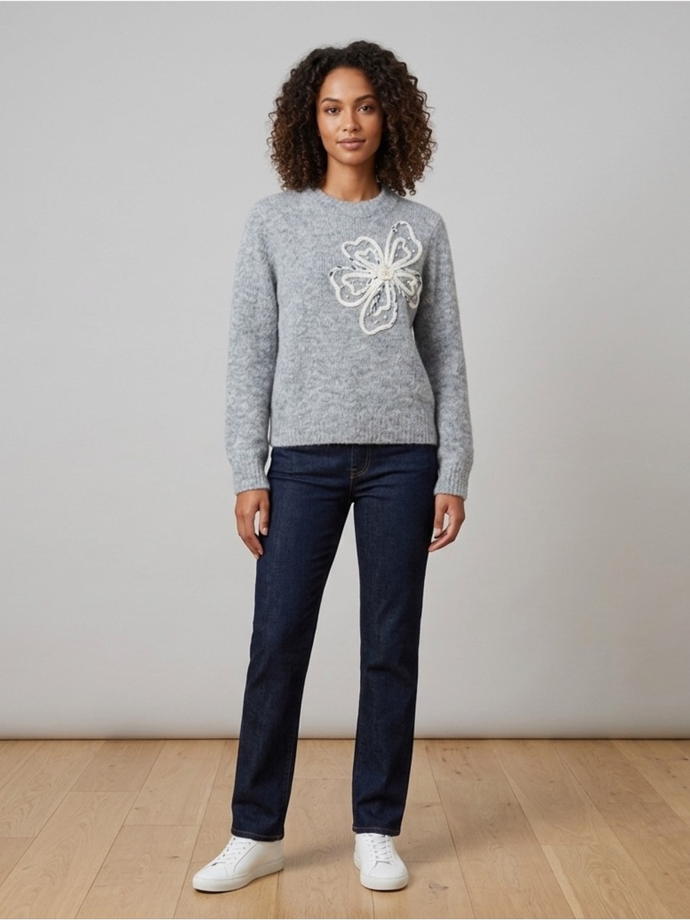 100% Cashmere Gray Sweater with White and Black Accent Embellished with Pearls.